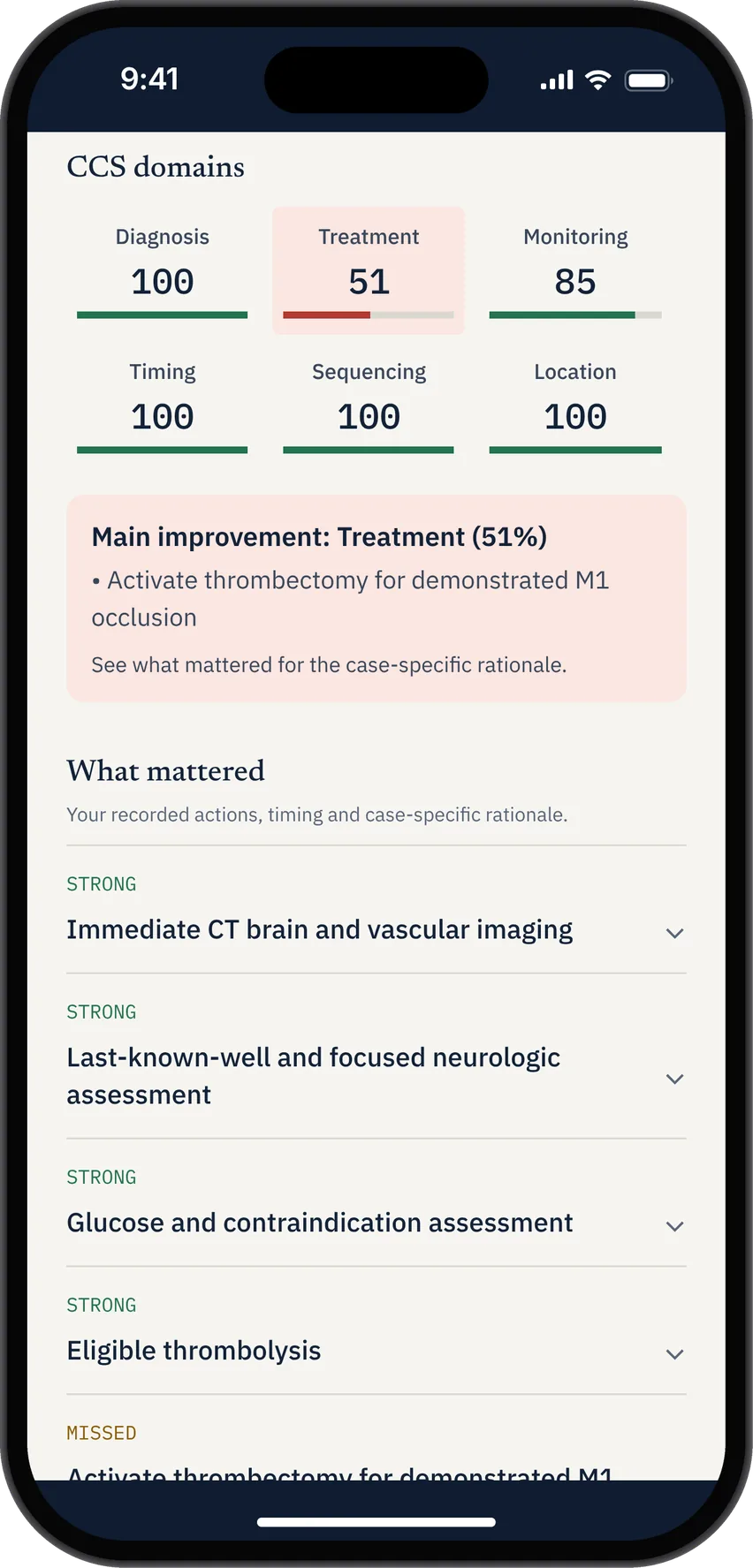 CCS Orbit case review showing six CCS domain scores, feedback and the main improvement for the next attempt.