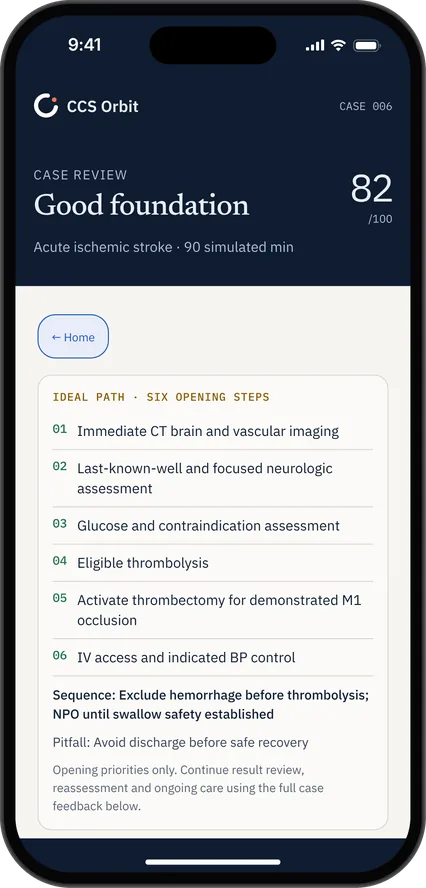 CCS Orbit case debrief showing the training score and scored actions