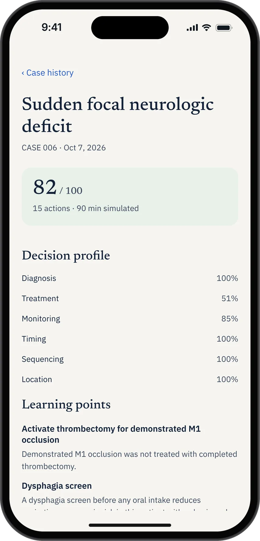 CCS Orbit case history attempt showing the score, decision profile and learning points for a stroke case.