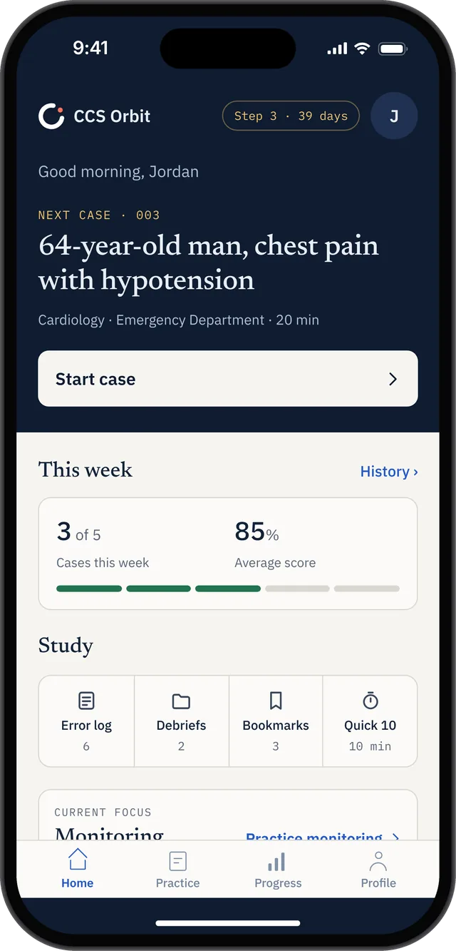 CCS Orbit Home screen with a next-case preview, weekly practice target, and shortcuts to Error Log, Debriefs, Bookmarks and Quick 10.