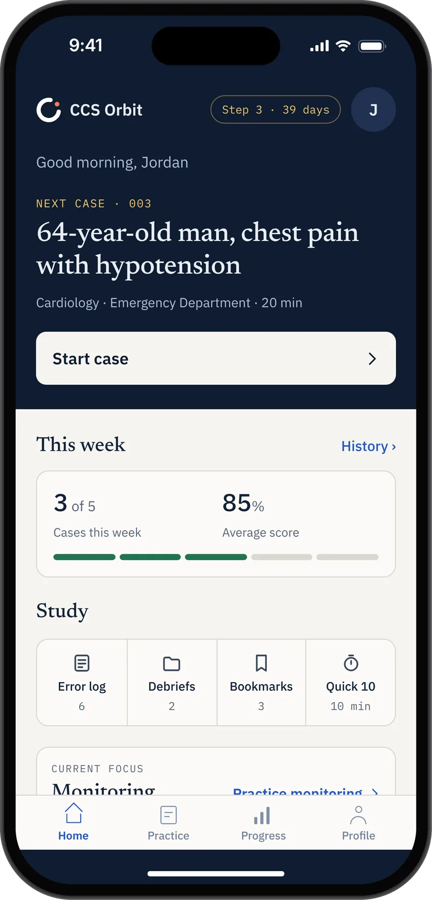 CCS Orbit Home screen showing a chest-pain case, weekly practice and quick access to the case library.