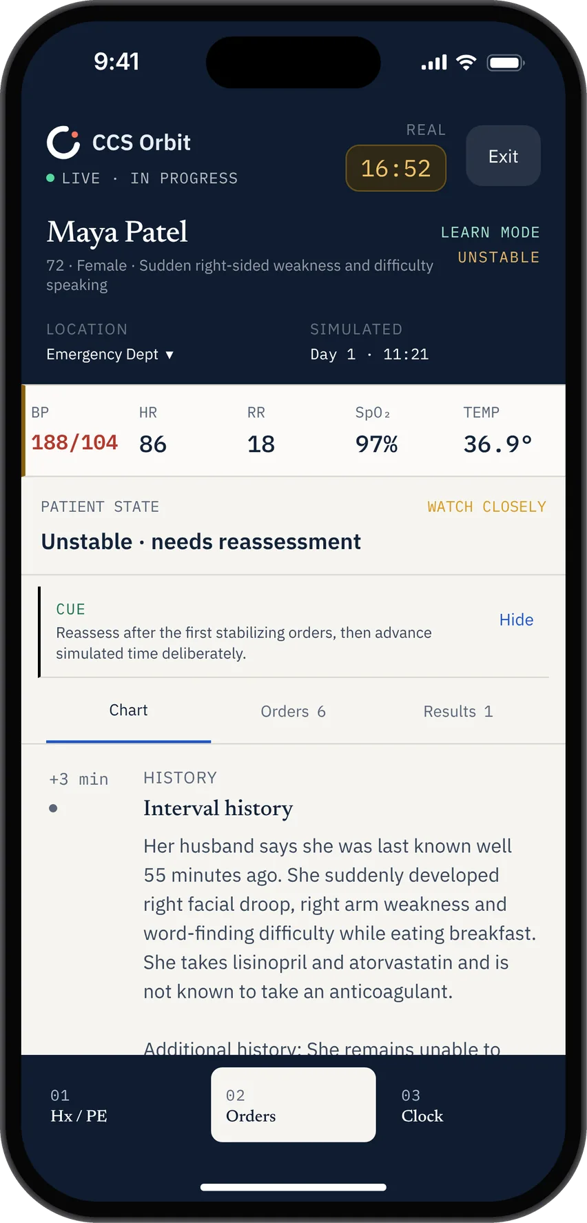 CCS Orbit Learn mode showing a patient with acute weakness, vital signs and the management timeline.