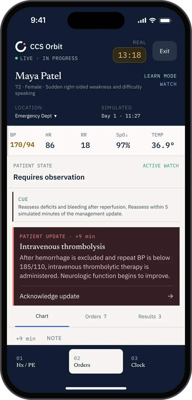 CCS Orbit patient update after treatment, with updated vital signs, separate real and simulated clocks and a reassessment cue.