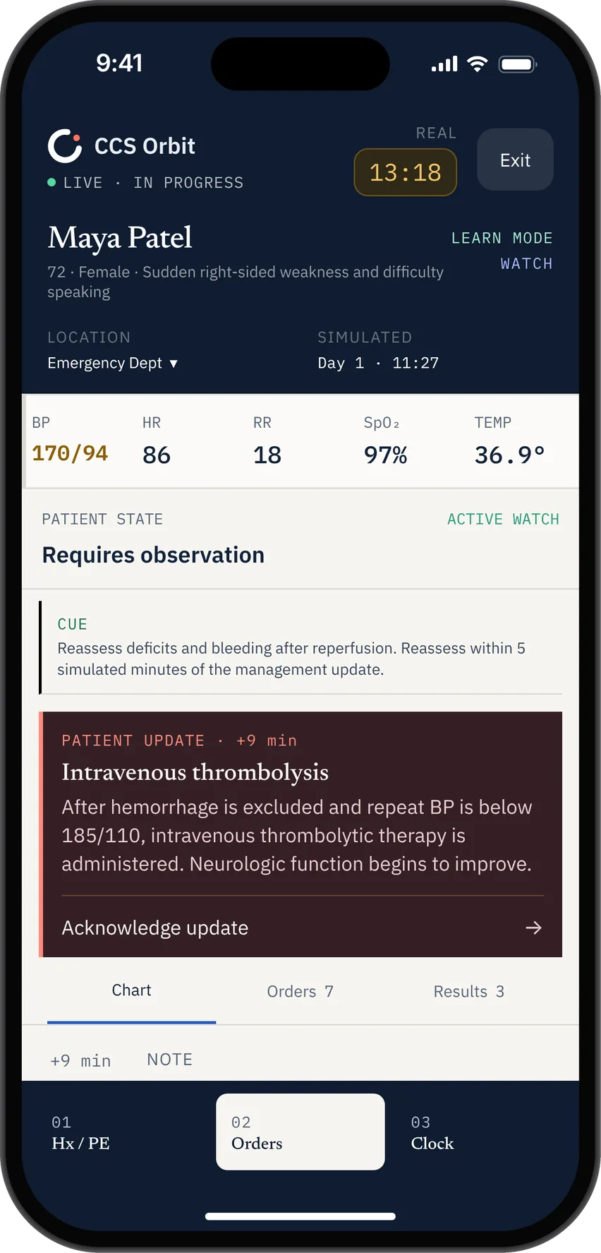 CCS Orbit showing improved patient vital signs and a clinical update after management.